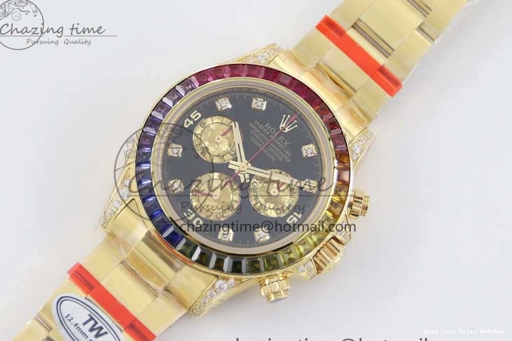 AAA Replica Watches 116595RBOW Black on A Diamonds 2406 Best YG 904L YG Dial Edition Bracelet Effortless TWF 1:1 Steel Daytona YG 0109